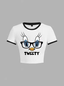 LOONEY TUNES X SHEIN Women Summer Cartoon Graphic Crop T-Shirt - White - View 5
