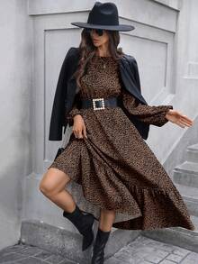 SHEIN LUNE فستان طويل أنيق للنساء بطبعة نمر على الياقة والأكمام الواسعة والذيل المتدرج، بتصميم خط A، مناسب للاستخدام اليومي والعمل، للخريف والشتاء