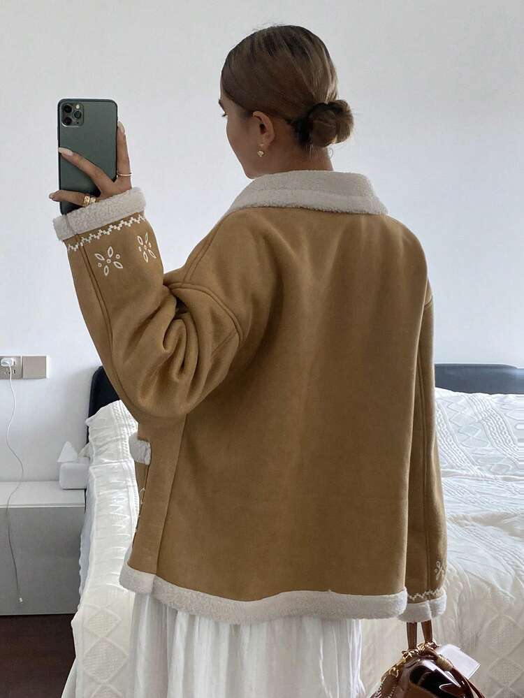 Suede Composite Lambswool Thickened Retro Embroidered Loose Long Sleeve Lapel Pocket Casual Jacket For Women, Autumn/Winter Thermal Lined Women Coats
