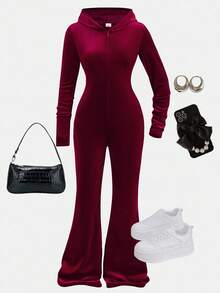 SHEIN Girlism 少女红色纯色天鹅绒优雅休闲连帽连体裤，个性化穿着，适合春季、秋季、冬季、圣诞节、春节、返校季 - 紅色 - 查看 3