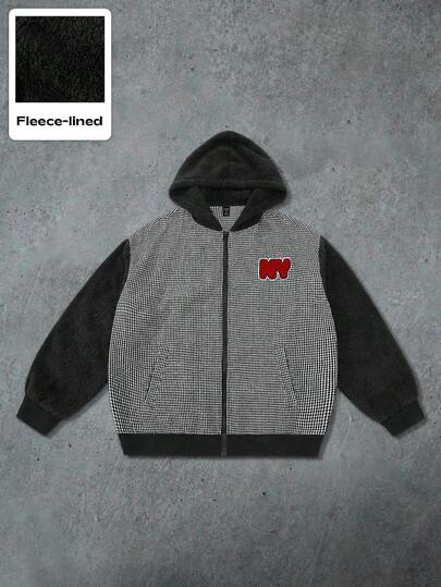 Street Life Men's Houndstooth Patchwork Hooded Jacket, Casual Autumn/Winter Outerwear