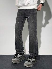 SHEIN Bolty Teen Boy Fashion Casual Y2k Vintage Cool Street Lacquer Dots Black Denim Stretch Tight Slightly Flared Jeans For Teen Boy Clothes Teen Boy Dailywear And Teen Boy Winter And Fall Rave Outfits Festival And Outfits Streetwear Clothes - Black - View 6