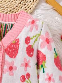 SHEIN Infant/Toddler Girls' Strawberry Print Knit Cardigan Autumn Winter Clothes ForGirln - Multicolor - View 4