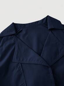 SHEIN MOD 复古海军蓝短款风衣，不对称设计和腰带 - 时尚、学院风、70 年代风格、休闲、舒适、通勤、复古美学，是秋冬季校服、教学和办公室穿着的理想之选 - 藏蓝色 - 查看 3