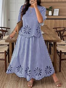 EMERY ROSE Plus Size Striped Print Hollow Out Top And Skirt Casual 2 Pieces Set - Multicolor - View 4