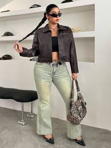 SHEIN EZwear Plus Size Vintage Distressed PU Contrast Stripe Zipper Casual Jacket, Autumn Winter Brown Leather Jacket Women Y2k Jacket Women Brown Jacket Motorcycle Women Cropped Leather Jacket - Brown - View 6