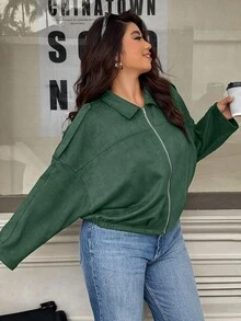 Easura Plus Size Women's Solid Color Drop Shoulder Long Sleeve Zip-Up Casual Fleece Jacket, Autumn/Winter