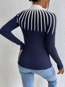 Aidyla Suéter de punto acanalado de cuello alto, ajustado y de manga larga con bloques de color, para mujer, otoño/invierno