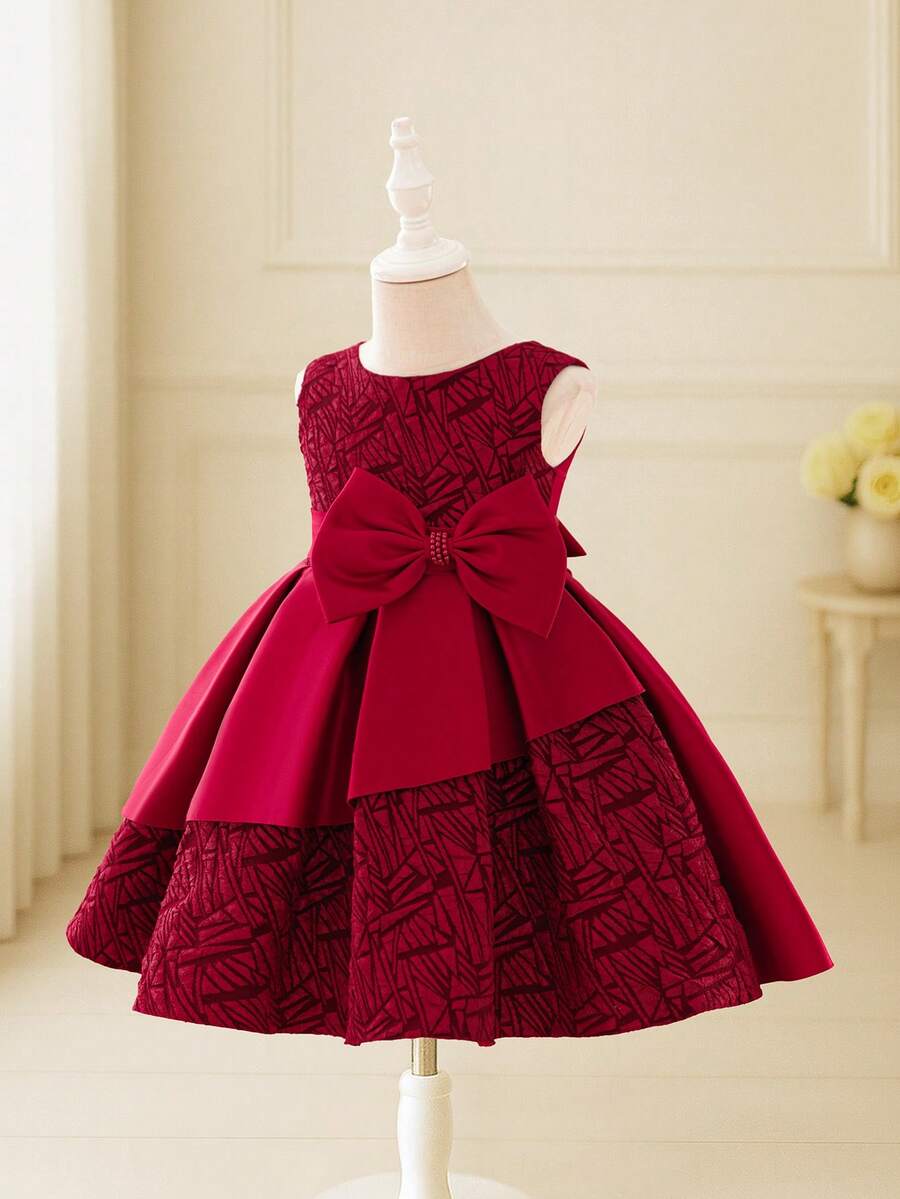 Glamorique Kids Đầm dự tiệc không tay thắt nơ eo họa tiết hình học cho bé gái - Màu Đỏ Sâu - Xem 1