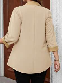 EMERY ROSE Plus Size Women's Casual Personalized Patchwork Leather Jacket, Spring/Autumn/Winter - Apricot - View 2