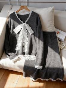 Franclia Bộ 2 áo len dệt kim cổ chữ V viền ren, thời trang cho mùa thu/đông - Màu xám đen - Xem 3