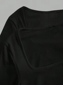 SHEIN EZwear Bộ 2 áo thun dài tay cổ vuông ôm vừa vặn, thích hợp cho mùa thu/đông - màu đen - Xem 8