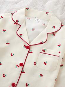 Girls Pajama Set Thermal Loungewear 2-Piece Set - Cream Red Cherry Pajamas Sweet Cherry Print Lapel Design Cream Red Vintage Elegant Color Thermal Knit Fabric Long Sleeve Lapel Top Pants Cherry Combo Social Media Style Sweet Vintage Autumn Winter Spring Holiday Essential Tween Girl Home Set Two Pieces Sleepwear Set Pajamas Set Two Pieces - Apricot - View 6