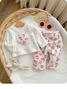 SHEIN 新生女婴可爱休闲卡通印花长袖运动衫和裤子套装