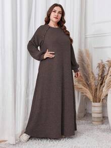 Al Najma Váy dài thường ngày bằng vải bông chắp vá cỡ lớn, Thu/Đông, Váy dài giản dị, trang phục thường ngày/ở nhà cho phụ nữ - màu nâu - Xem 5