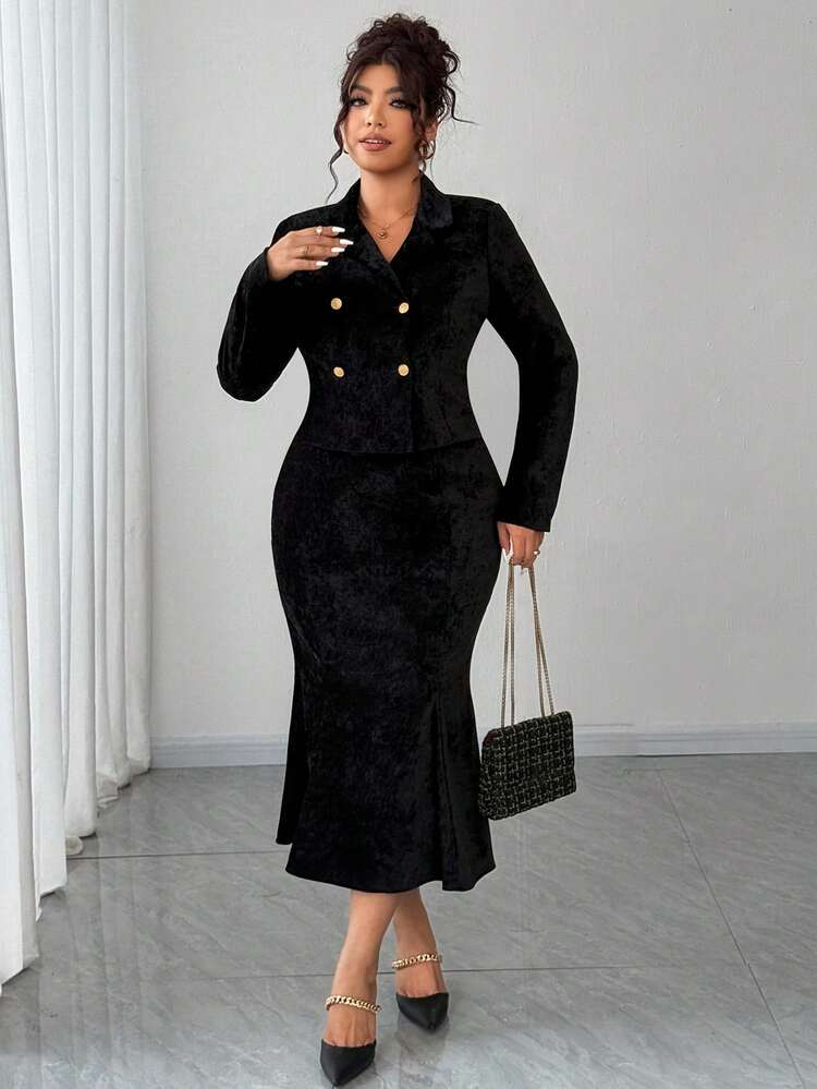 Dazy Plus 2pcs/Set Elegant Double-Breasted Short Jacket & Fishtail Skirt, Casual Plus Size Women Outfit