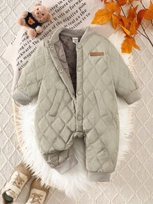 SHEIN Playful Pals 新生兒男嬰秋冬卡其色連身褲式扣鈕長袖外套 1M-24M 中性日常休閒韓風夾克 - 綠色 - 查看 3