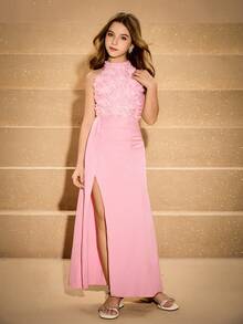 Tween Girls Elegant Graceful Luxurious Pink Sleeveless Halter Floral 3D Maxi High Slit Dress - Pink - View 3
