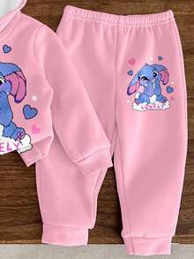 SHEIN Conjunto de 2 peças/conjunto de moletom e moletom com capuz e calça de moletom, fofo, desenho animado, coelho azul, Lulu, menina, ajuste solto, confortável, casual, adequado para outono/inverno, estilo esportivo casual, piquenique ao ar livre, fotografia de rua, roupa para casa - Multicolorido - Ver 5