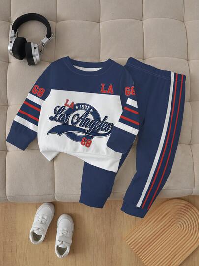 1 Set Young Boys Casual Fashion Sports Style Los Angeles LA Letter & Number 68 Print Crew Neck Long Sleeve Sweatshirt And Striped Sweatpants Set, Suitable For Everyday Casual Wear, Outdoor Activities, And School, Autumn/Winter