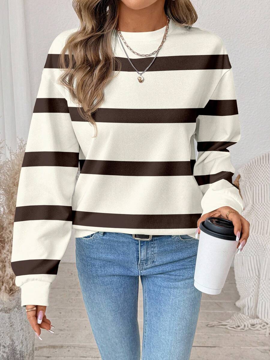SHEIN LUNE Casual Minimalist Brown & Beige Striped Print Round Neck Loose Fit Long Sleeve Sweatshirt For Women, Suitable For Autumn/Winter,Casual - Multicolor - View 1