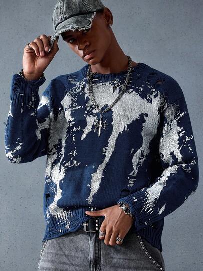 Street Life Men's Casual Crew Neck Long Sleeve Graphic Distressed Sweater, Autumn/Winter