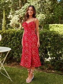 KARISMINA Ditsy Floral Print Split Thigh Cami Dress - Red - View 4