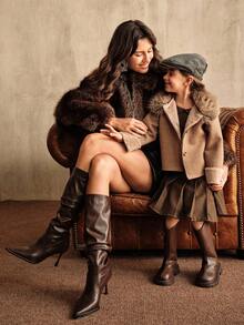 SHEIN Young Girls Fluffy Faux Thermal Lined Long Sleeve Jacket, Casual Loose Fit Outerwear, Autumn/Winter