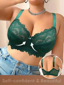 SHEIN 1pc Plus Size Lace Patchwork Underwire Lingerie Bra, Christmas - Green - View 1