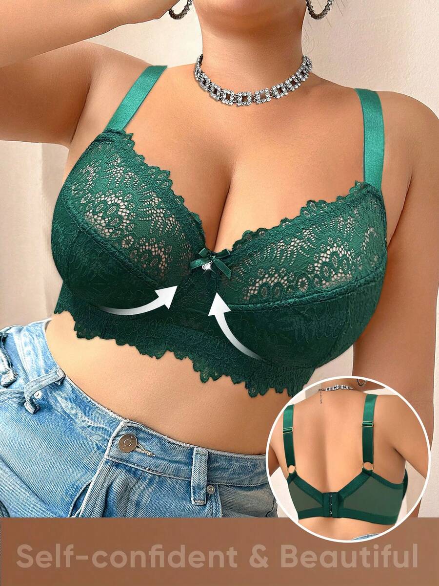 SHEIN 1pc Plus Size Lace Patchwork Underwire Lingerie Bra, Christmas - Green - View 1
