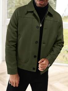 Manfinity Homme 男士时尚短袖长袖大衣，秋冬外套短款大衣 - 軍綠色 - 查看 2