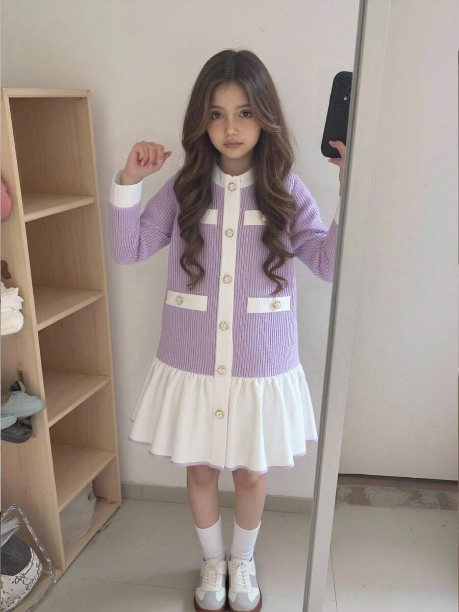 Elladie kids 年轻女孩黑白拼色珍珠纽扣拼布白色下摆连衣裙 - 紫色 - 查看 1