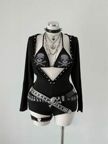 Sunspun Fashionable Punk Rivet Webbing Hooded Long Sleeve Mini Jumpsuit - Black - View 6