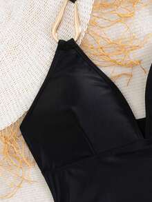 Swim Chiccia Women's Black Metal Jewelry V-Neck Wrinkle Drawstring Fashionable And Elegant Ladies Tankini, Suitable For Beach Music Festival Spring/Summer - Black - View 5