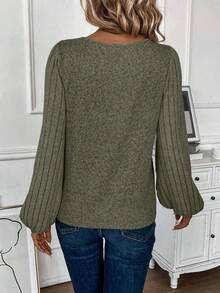 SHEIN LUNE New Fashion Women Leopard Print V-Neck Lantern Sleeve Long Sleeve T-Shirt - Army Green - View 3