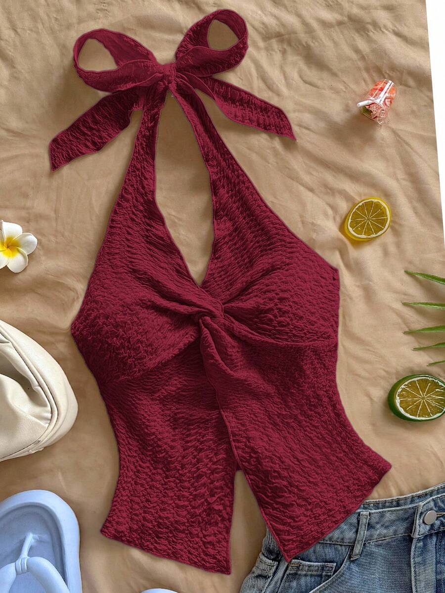 Soleia Fashionable Sexy Halter Tie Knot Hem Slit Open Back Camisole,Red Tops For Women - Burgundy - View 1