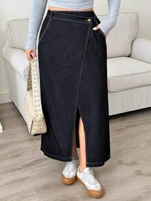 Dazy Plus 深色水洗牛仔前开衩长A字裙，秋季时尚单品 - 深色水洗藍 - 查看 8