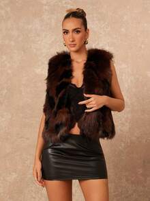 Lumalex Winter Fall Espresso Women's Solid Color Faux Fur Sleeveless Coat, Luxury Holiday Vacation New Year Party Night Out - Grey - View 4