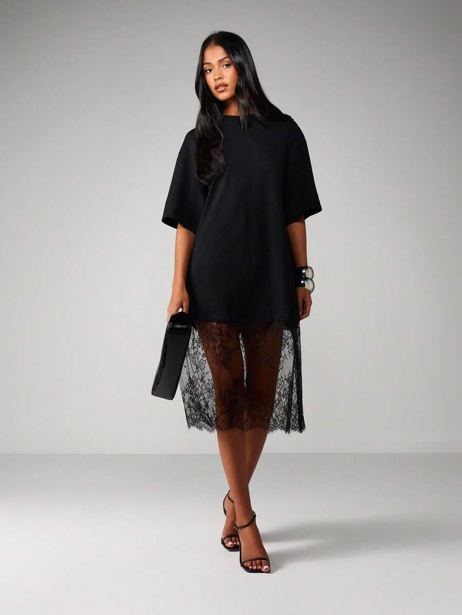 MISSGUIDED Oversized T-Shirt Style Midi Dress With Sheer Lace Scalloped Hem Detail - Black - View 1
