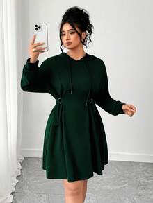 Elenzga Fashionable Casual Commuter Chic Comfortable Cinched Waist Hooded Dress - Dark Green - View 4