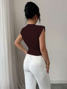Elenzga 女式全新针织休闲白色立领半拉链腰修身无袖 T 恤 - 酒紅色 - 查看 2