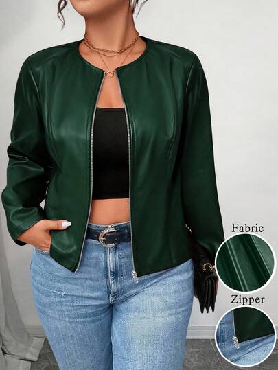 SHEIN PETITE CURVE Plus Size Women's Classic Versatile PU Leather Jacket, Petite Series
