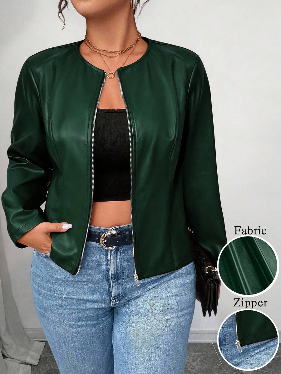 SHEIN PETITE CURVE Áo khoác da PU cổ điển đa năng cỡ lớn dành cho nữ, dòng Petite - Màu xanh lá cây đậm - Xem 1