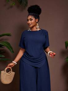 Veslaya 2025 春夏新款休闲度假优雅海岛度假派对纯色皱褶面料修身下摆短袖上衣和松紧腰阔腿裤大码女装两件套 - 藏蓝色 - 查看 6