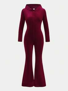 SHEIN Girlism 少女红色纯色天鹅绒优雅休闲连帽连体裤，个性化穿着，适合春季、秋季、冬季、圣诞节、春节、返校季 - 紅色 - 查看 4