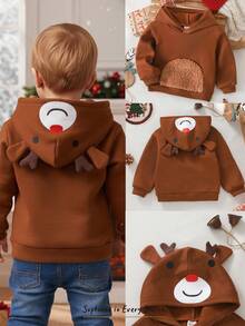 Cozy Pixies Baby Boy Cartoon Christmas Reindeer Pattern 3D Horn Casual Cute Thick Crew Neck Long Sleeve Sweatshirt Autumn Winter Clothes For Girl - Brown - View 1