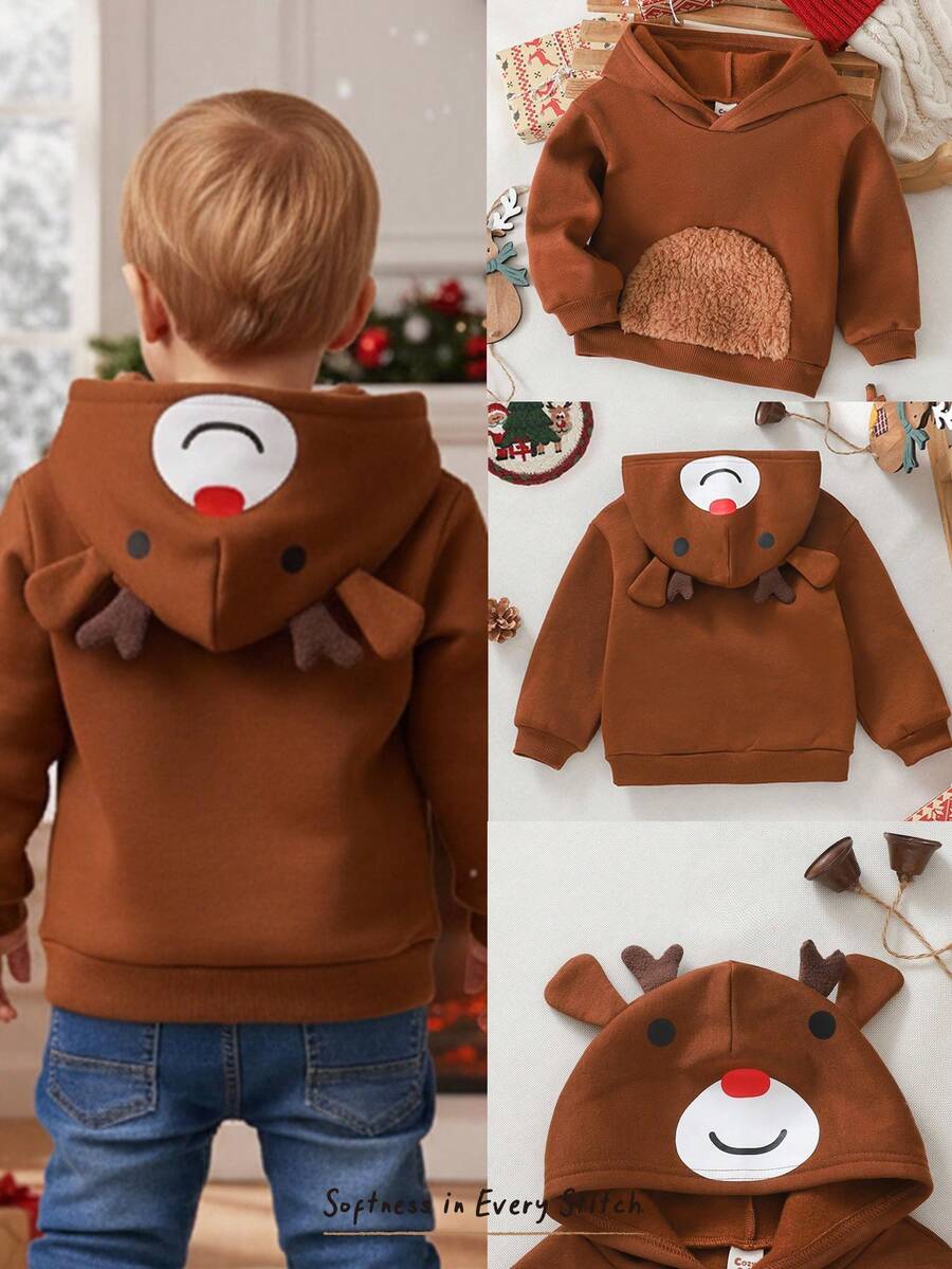 Cozy Pixies Baby Boy Cartoon Christmas Reindeer Pattern 3D Horn Casual Cute Thick Crew Neck Long Sleeve Sweatshirt Autumn Winter Clothes For Girl - Brown - View 1