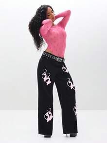 BABYPHAT Quần Jeans Baggy Fit Vintage Wash Có Chi Tiết Đính Quần Ống Rộng Cho Phong Cách Đường Phố Thường Ngày - màu đen - Xem 5