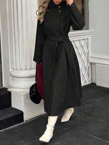 Xyvia Autumn And Winter Women's Casual High-Neck Button Belt Long Woolen Coat, Old Money Style Women's Clothing/Women's Office Wear/Outing Wear, Women's Autumn Clothing - Black - View 5