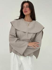 Aloruh 女士纯色缎带设计褶裥腰部时尚衬衫，适合秋季穿着，也适合所有女性秋季办公室通勤穿着。 - 卡其色 - 查看 4